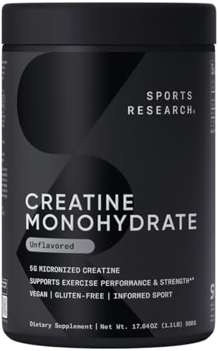 Sports Research Creatine Monohydrate – Gain Lean Muscle, Improve Performance and Strength and Support Workout Recovery – 5 g Micronized Creatine – 1.1LBS
