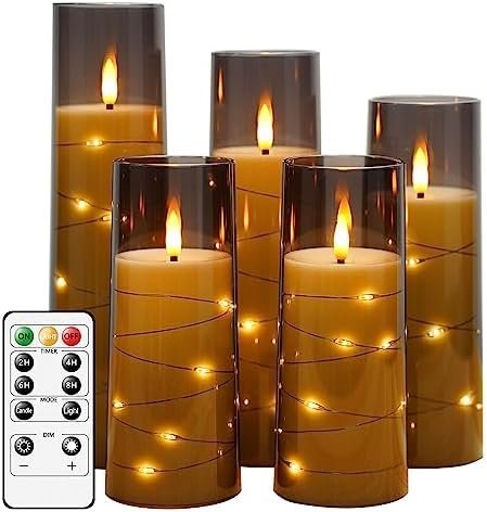 Flameless LED Candles with Timer 5 Pc Flickering Flameless Candles for Romantic Ambiance and Home Decoration Stable Acrylic Shell,with Embedded Star String，Battery Operated Candles（Grey）