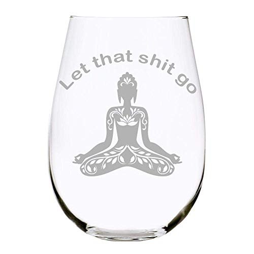 C & M Personal Gifts Buddha Engraved Stemless Wine Glass (Pack of 1) –Yoga Wine Glass, Let that Sh