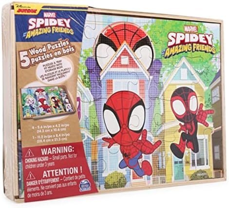 Disney Junior Marvel Spider-Man Spidey Amazing Friends – Set of 5 Wood Puzzles with Storage Box for Kids – Ages 4 and Up