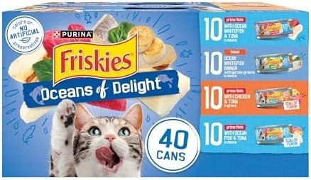 Purina Friskies Wet Cat Food Variety Pack, Oceans of Delight Flaked and Prime Filets – (Pack of 40) 5.5 oz. Cans