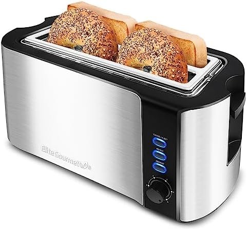 Elite Gourmet ECT-3100 Long Slot 4 Slice Toaster, Reheat, 6 Toast Settings, Defrost, Cancel Functions, Built-in Warming Rack, Extra Wide Slots for Bagels & Waffles, Stainless Steel & Black