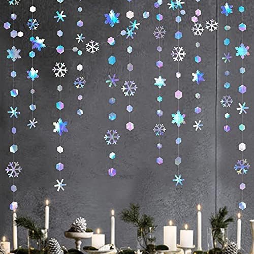 Clearance 52Ft Winter Wonderland Party Decoration Iridescent Snowflake Garland Holographic Paper Snowflake Streamer for Winter Onederland Christmas Frozen Birthday Wedding Bridal Shower Party Supplies
