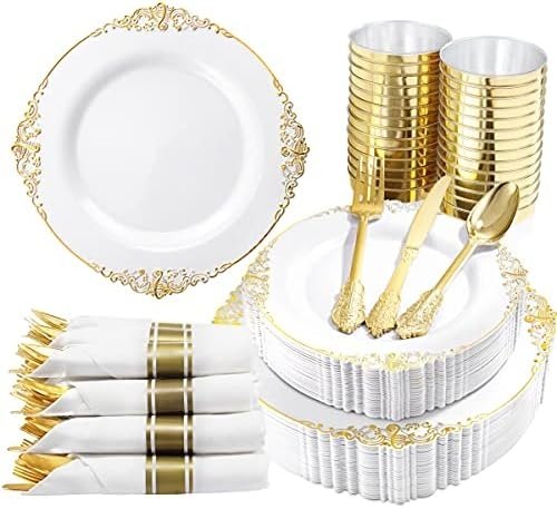 Nervure 350PCS Gold Plastic Plates – Gold Plastic Dinnerware Sets for 50 Guests – 100 Gold Disposable Plates, 150 Gold Plastic Silverware, 50 Cups, 50 Napkins for Wedding & Party & Christmas