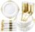 Nervure 350PCS Gold Plastic Plates – Gold Plastic Dinnerware Sets for 50 Guests – 100 Gold Disposable Plates, 150 Gold Plastic Silverware, 50 Cups, 50 Napkins for Wedding & Party & Christmas