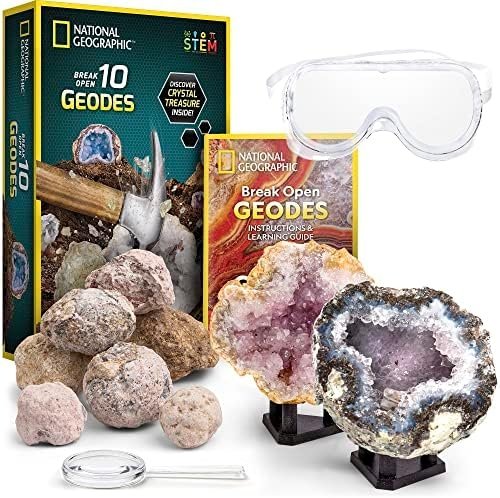 NATIONAL GEOGRAPHIC Break Open 10 Premium Geodes – Includes Goggles and 2 Display Stands – Great STEM Science Kit, Geology Gift for Kids, Break Your Own Geodes with Crystals, Toys for Boys and Girls