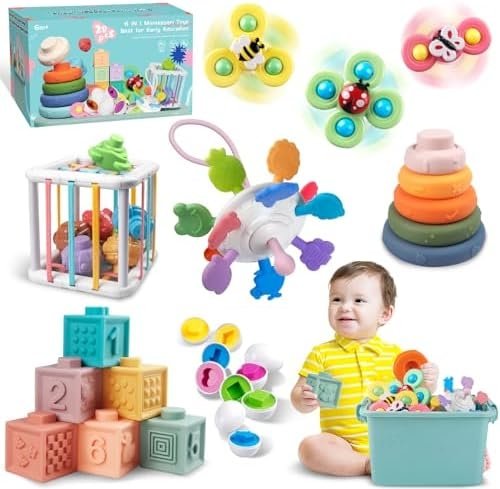 Baby Toys for 6 to 12 Months, Montessori Sensory Bins Toys for Toddlers 1-3, Pull String Teether Infants Bath Toys 6 in 1 Stacking Blocks Rings, Matching Eggs, Suction Cup Spinner Toy