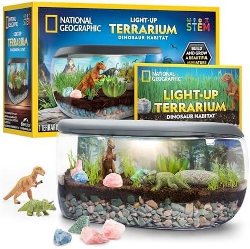 NATIONAL GEOGRAPHIC Light Up Terrarium Kit for Kids – Build a Dinosaur Habitat with Real Plants & Gemstones, Science Kit Gift for Boys & Girls, Dinosaur Toys for Kids (Amazon Exclusive)