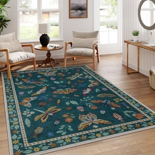 Lahome Insect Print Area Rugs 8×10, Non Slip Washable Rugs for Living Room 8×10 Rug, Soft Modern Bedroom Rug 8×10 Under Bed Ultra-Thin Large Carpet for Dining Room Office Playroom(8’x10′,Dark Green)