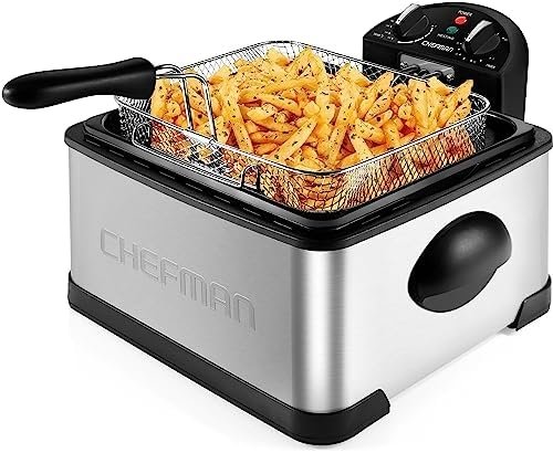 Chefman 4.5 Liter Deep Fryer w/Basket Strainer, XL Jumbo Size, Adjustable Temperature & Timer, Perfect for Fried Chicken, Shrimp, French Fries, Chips & More, Removable Oil-Container, Stainless Steel