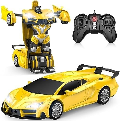 Remote Control Car，Transform Robot RC Cars with Cool LED Headlights, 2.4Ghz Toys Car with 360 Degree Rotation and One-Button Deformation, Christmas Birthday Gifts for Boys Girls(Yellow)
