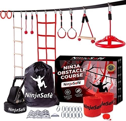 Ninja Obstacle Course for Kids Backyard – 10 Durable Obstacles and 50′ Slackline – Outdoor Warrior Obstacle Playset Equipment for Girls & Boys with Monkey Bars, Ladder, Wheel, Gymnastics, Climbing Net