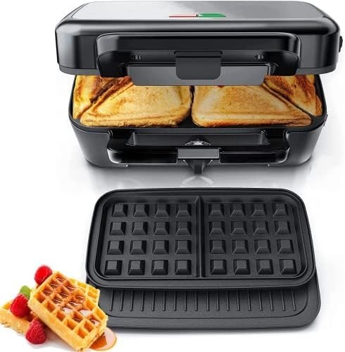FOHERE Waffle Maker 3 in 1 Sandwich Maker 1200W Panini Press With Removable Plates and 5-gear Temperature Control, Non-stick Coating Easy to Clean,Indicator Lights, Silver/Black