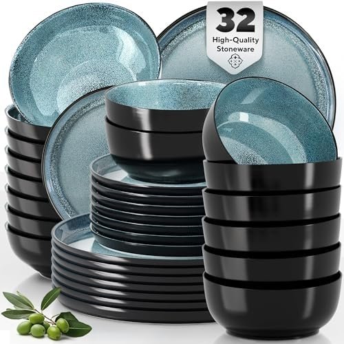 32 Piece Dinnerware Sets for 8 – Modern Style Stoneware Dinnerware Set – Scratch Resistant, Dishwasher Safe Plates and Bowls Sets Ceramic, Dish Set, Bowl and Plate Set – Black and Petrol Blue…