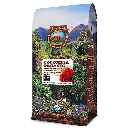 Java Planet Low Acid Coffee, Organic Colombian Single Origin: Whole Bean Medium Dark Roast – Smooth Full Flavored Coffee Bean, 1LB Bag