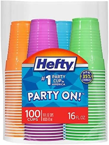 Hefty Party On Disposable Plastic Cups, Assorted, 16 Ounce, 100 Count