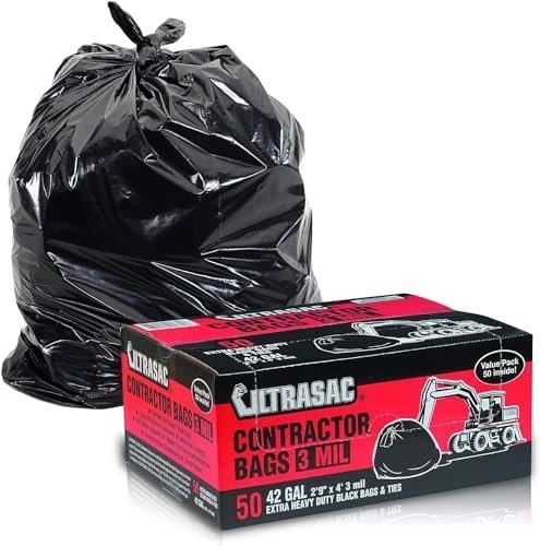 Ultrasac Heavy Duty Contractor Bags (VALUE 50 PACK/w TIES), 42 Gallon, 32.75″ X 47″ – 3 MIL Thick Large Black Industrial Garbage Trashbags for Construction and Commercial use