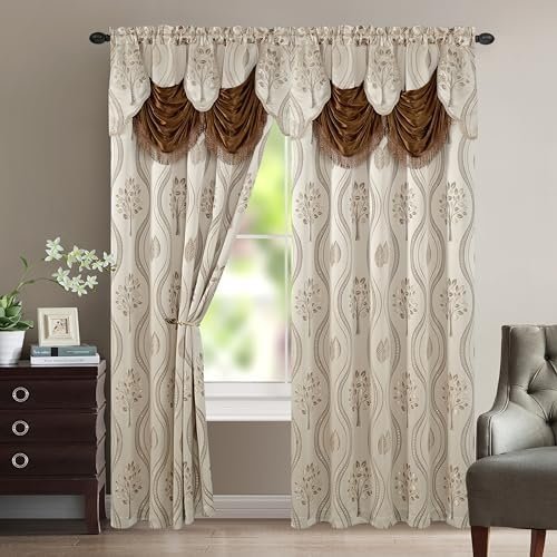 Elegant Comfort Luxurious Beautiful Curtain Panel Set with Attached Valance and Backing 54″ X 84 inch (Set of 2), Beige