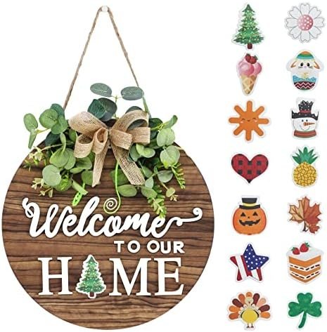 Interchangeable Seasonal Welcome Sign Front Door Decoration, Rustic Round Wood Wreaths Wall Hanging Outdoor, Farmhouse, Porch, for Spring Summer Fall All Seasons Holiday Halloween Christmas.