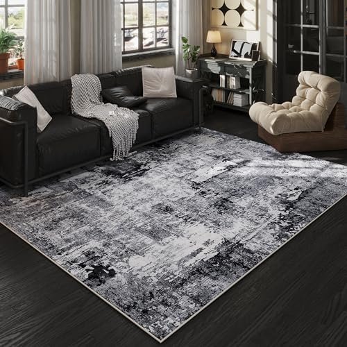 Area Rug 5×7 Washable Rug Boho Soft Abstract Pattern Non-Slip Faux Wool Vintage Rug for Living Room, Bedroom Rug, Farmhouse, Dining Room, Kids Playroom, Grey and Black