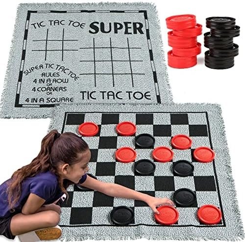 3-in-1 Vintage Giant Checkers, Tic, Tac, Toe, Game with Reversible Mat, 24 Chips, Family Board Game, Lawn Game, BBQ Party Favor, Indoor and Outdoor Activity for Kids and Adults