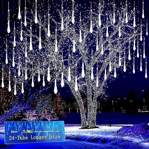 Kwaiffeo Christmas Lights Outdoor, 24 Tubes(Equivalent to 3 Sets of 8-Tubes) Meteor Shower Lights Snow Falling Icicle Lights for Xmas Tree Halloween Decoration Wedding Party Window, UL Plug, White