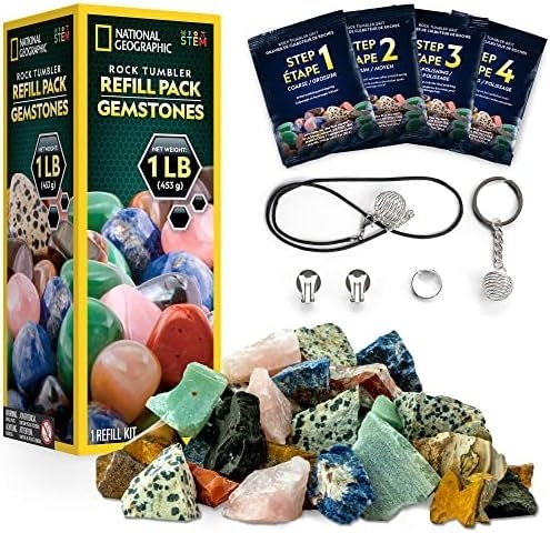 NATIONAL GEOGRAPHIC Rock Tumbler Refill Kit – 1 Lb. Gemstones and Rocks for Tumbling Including Unpolished Amethyst and Quartz – Rock Tumbler Supplies Include Rock Tumbler Grit and Jewelry Accessories